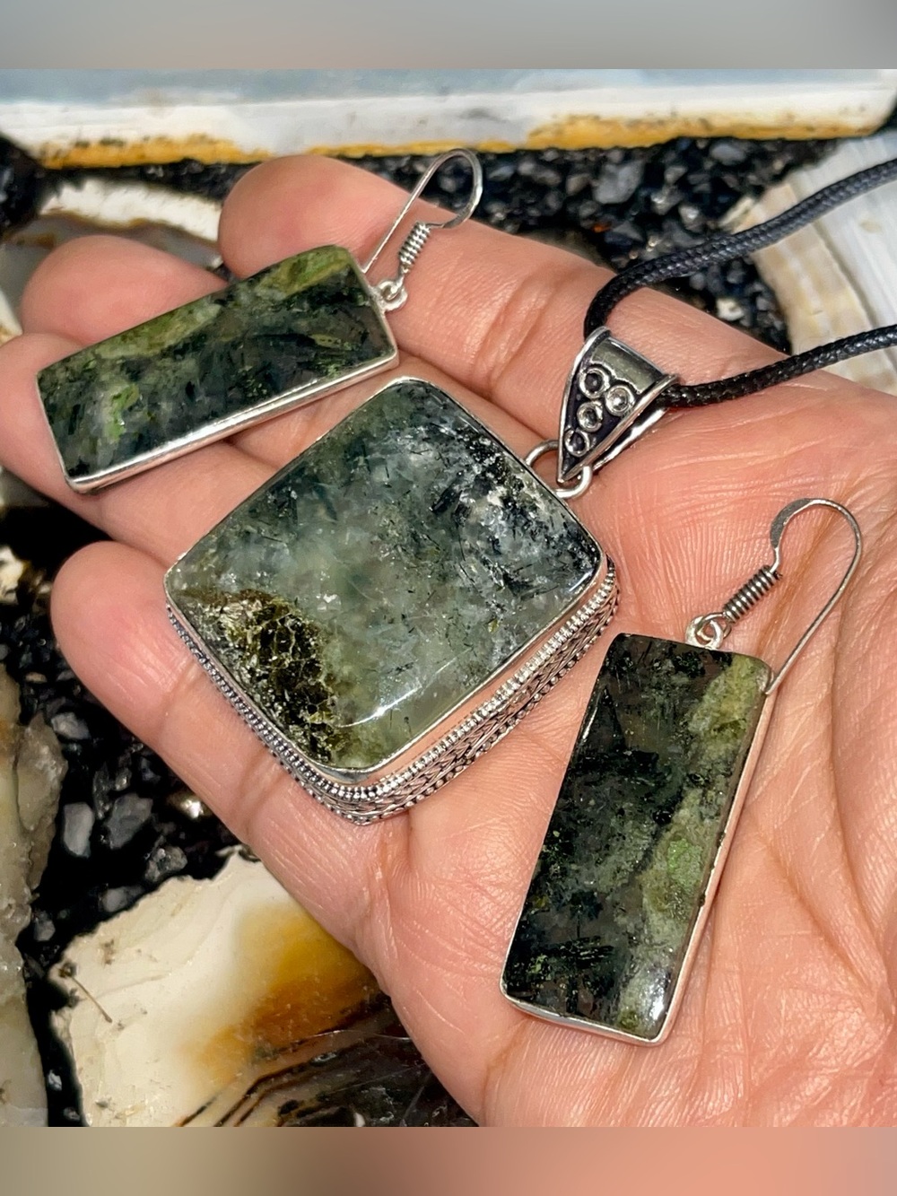 Set of Karoo Stone Prehnite Pendant & Earrings